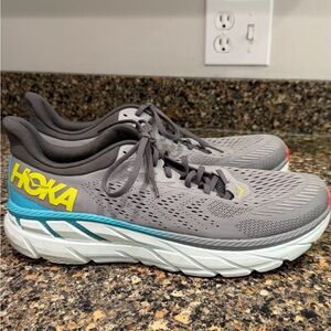 Hoka Gray Sneakers with Blue and Yellow Highlights men’s size 12, Clifton 7